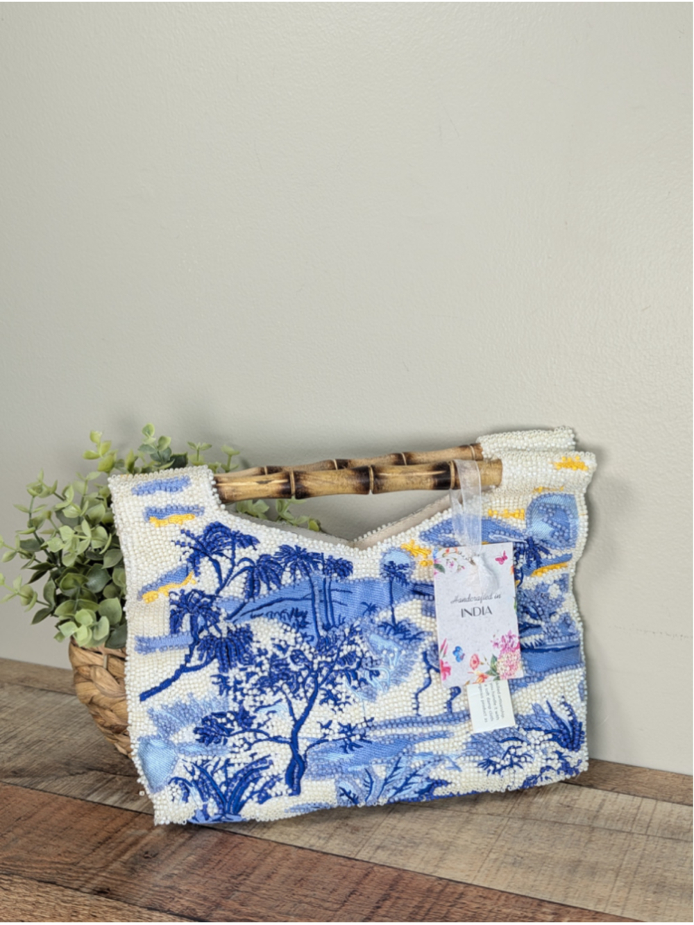 NEW Viral TikTok Beaded Bamboo Handle Clutch Handbag Tropical Heron Blue White